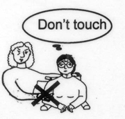 A woman saying don't touch with another person trying to touch their arm